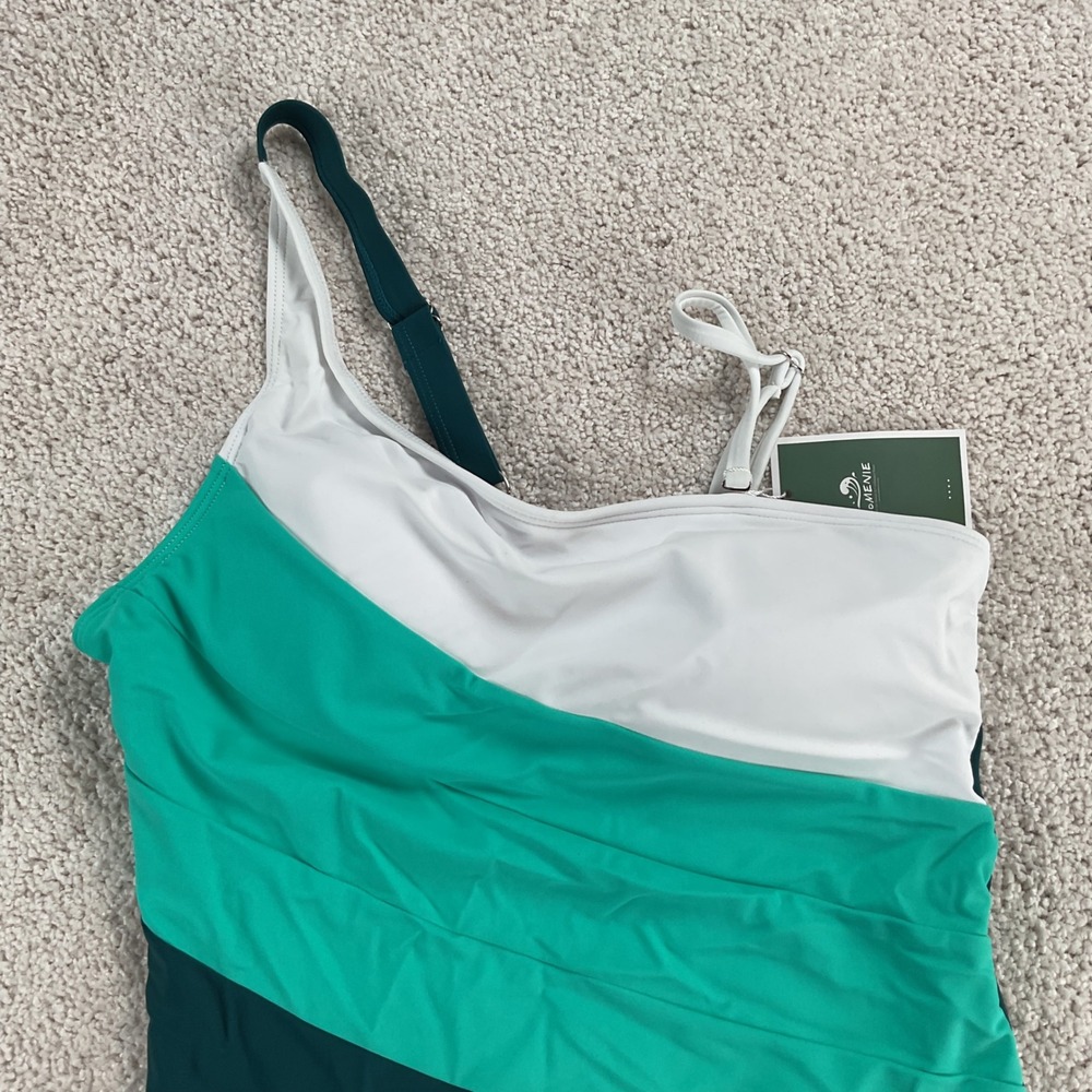 Eomenie Womens Med One Shoulder Colorblock Ruched One Piece Swimsuit Green White - Picture 2 of 10